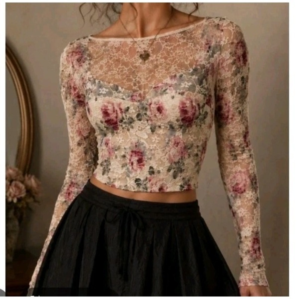 Abercrombie & Fitch Sheer Floral Lace Top Medium Y2K Coquette Fairy
